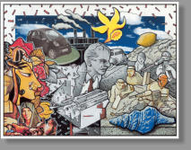 Der Reporter, 2004, 21 x 30 cm, Collage, Federzeichnung und Öl auf Karton, Für die RHEINPFALZ, zu " Der Marmara Express " von Hasan Özdemir